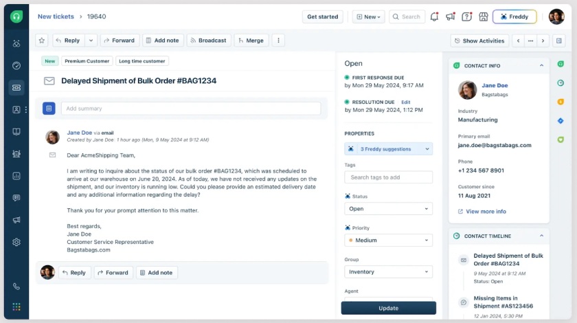 An example of Freshdesk's unified agent workspace with complete customer context, contact information, and ticket details.