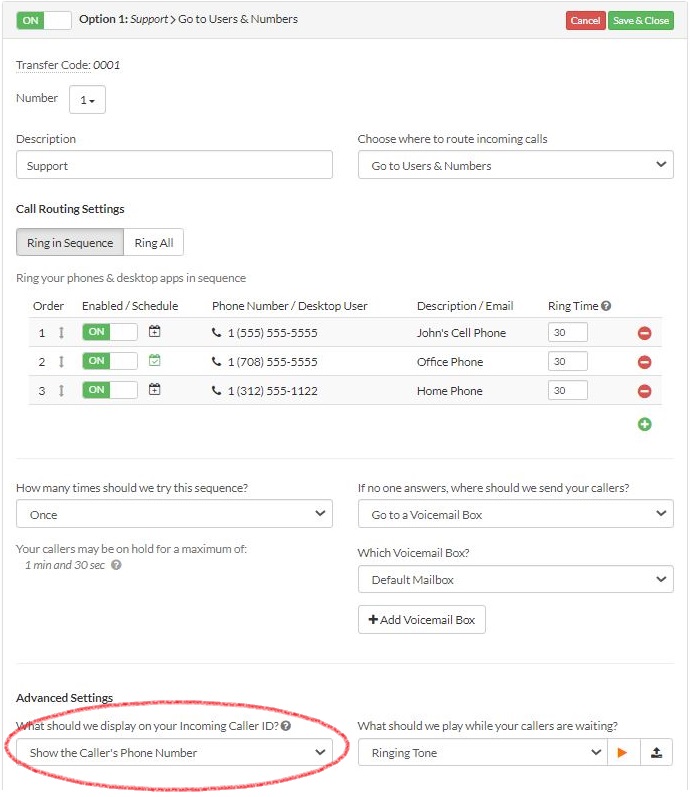 Talkroute call routing settings highlighting the incoming caller ID feature.