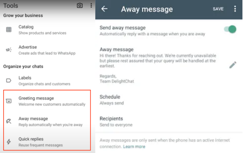 Sample Tools menu and Sample Away message menu from WhatsApp Business