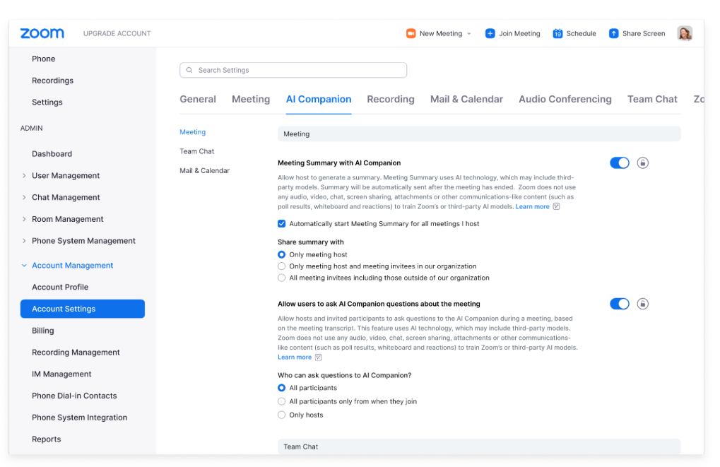 Zoom account settings with settings to enable the AI companion.