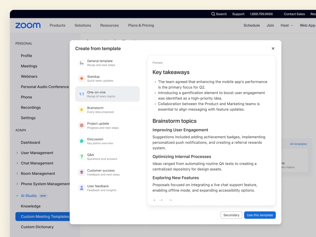 Zoom AI Studio dashboard with customizable meeting agenda template.
