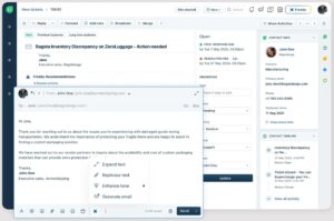 A mockup of Freshdesk's ticket dashboard showing Freddy AI drafting a suggested response to a customer ticket.