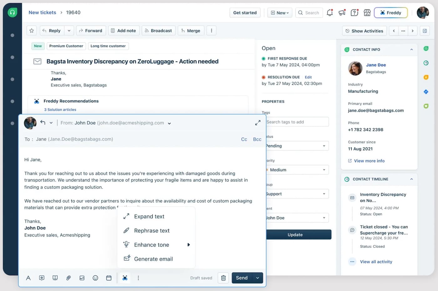A mockup of Freshdesk's ticket dashboard showing Freddy AI drafting a suggested response to a customer ticket.