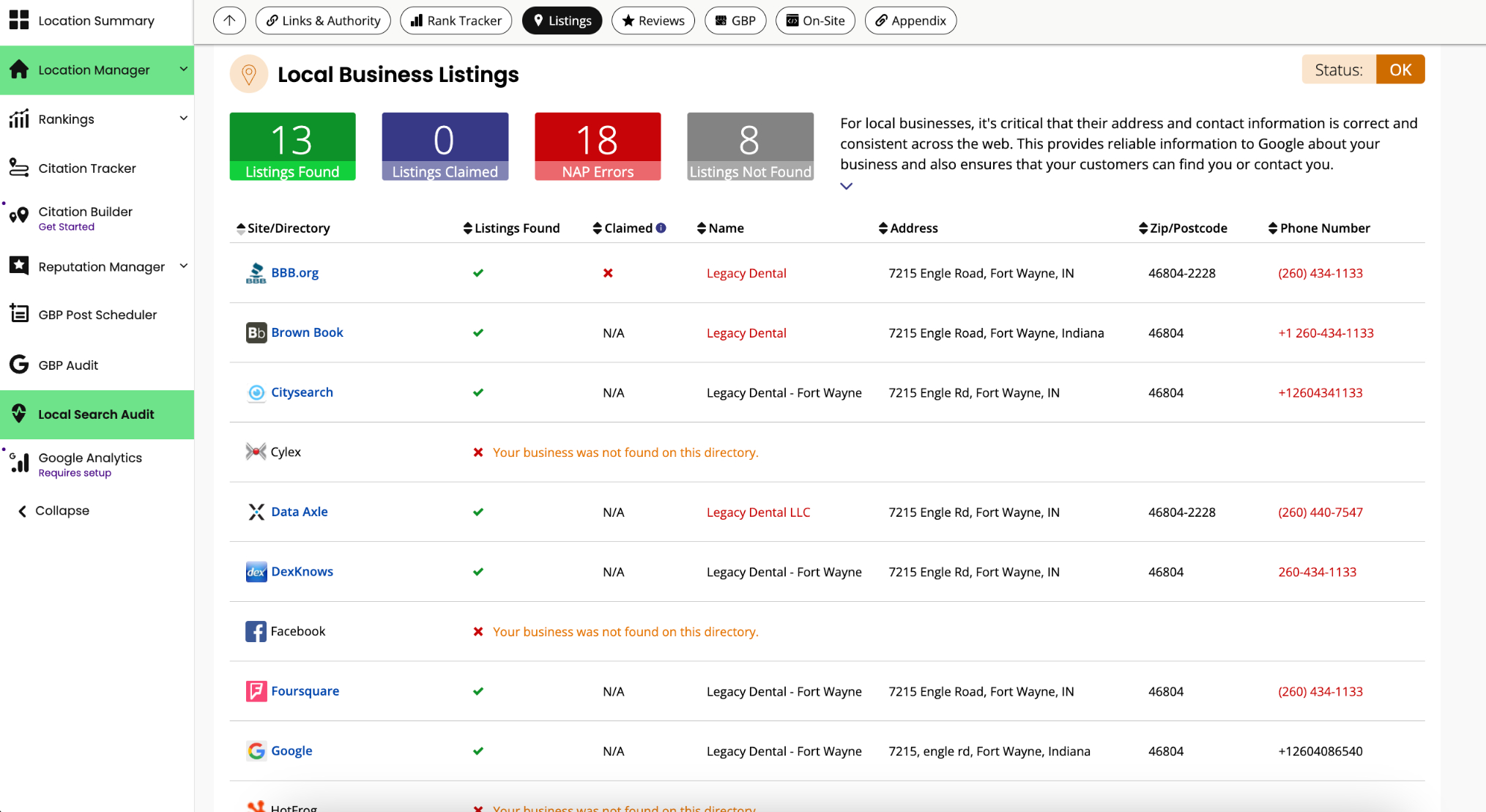 BrightLocal's dashboard showing local business listings.