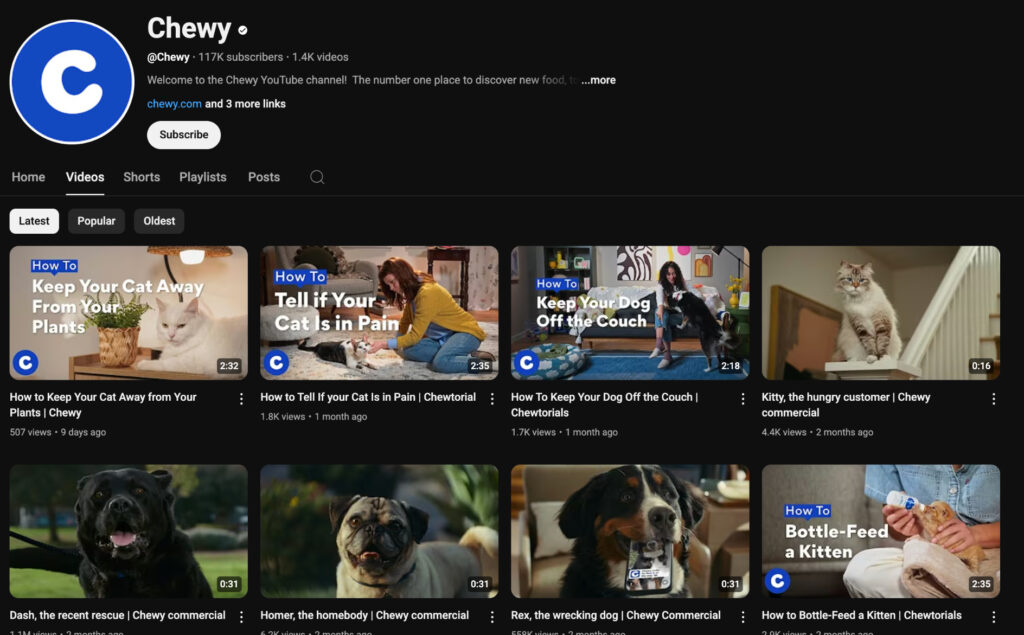 The pet care brand Chewy's YouTube channel with various pet care-related videos.