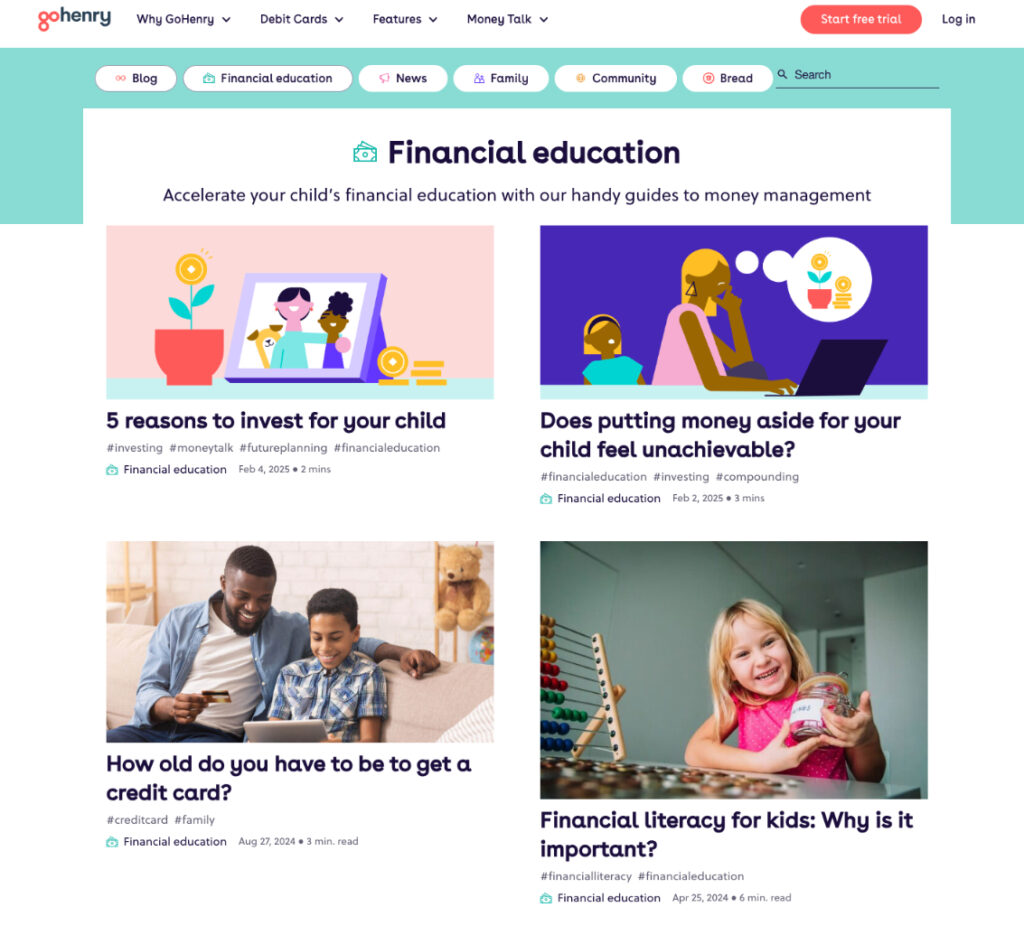 The finance company GoHenry's financial advice blog on its website.