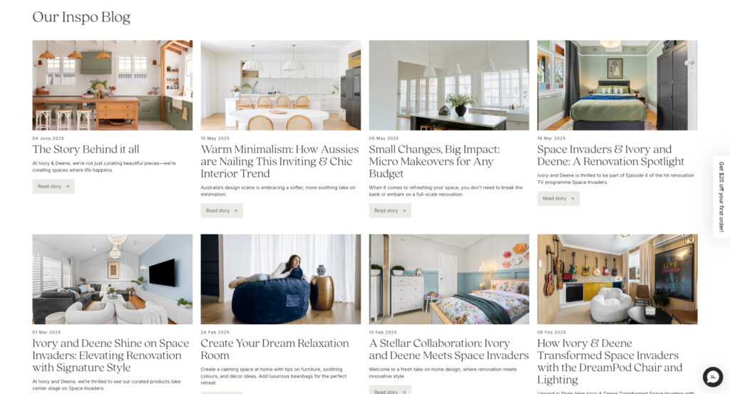 Ivory & Deene's blog page with various blog posts on furniture and home decor.