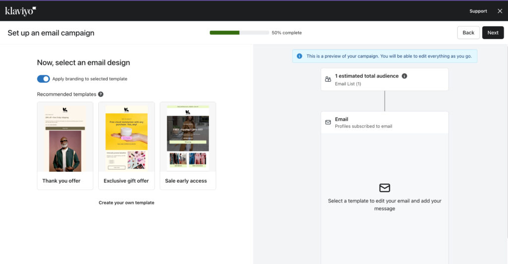 A sample email workflow automation in Klaviyo.