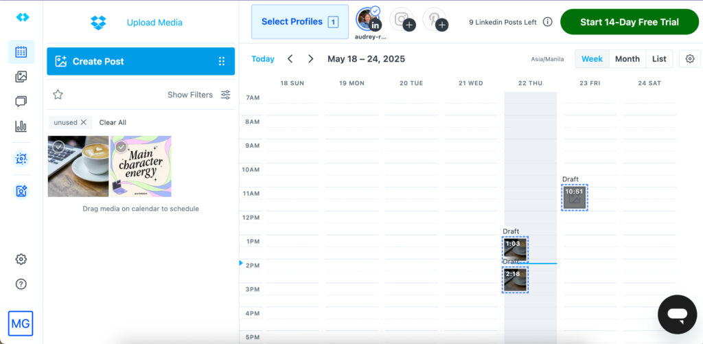 Later Social's social media content calendar with sample drafted posts.