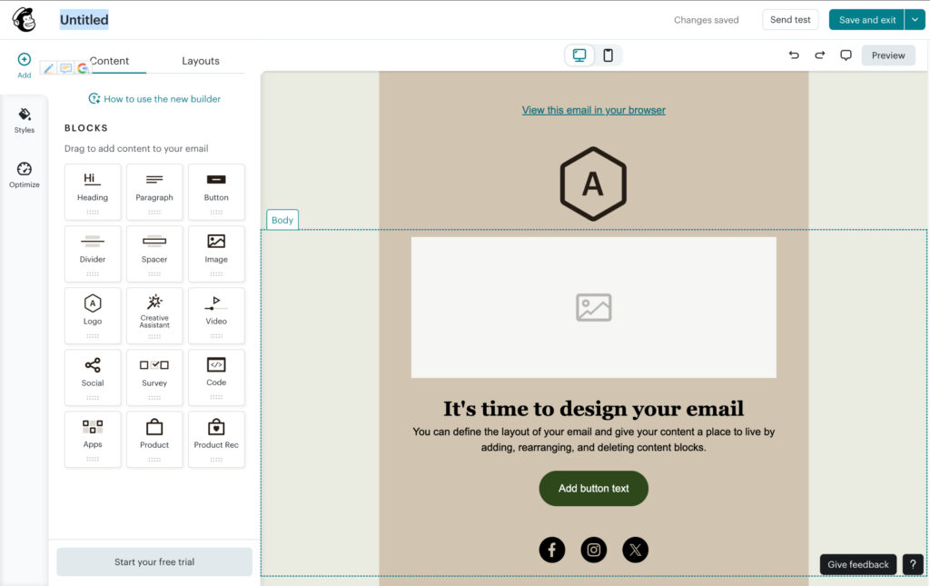 An email campaign template in MailChimp's drag-and-drop editor.