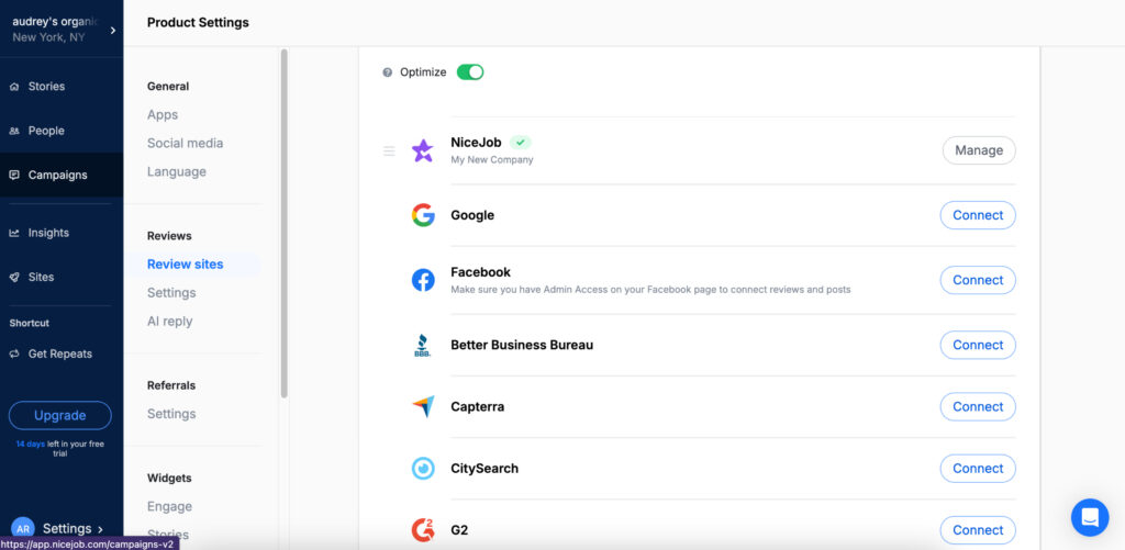 The NiceJob platform showing the review platforms you can connect to.