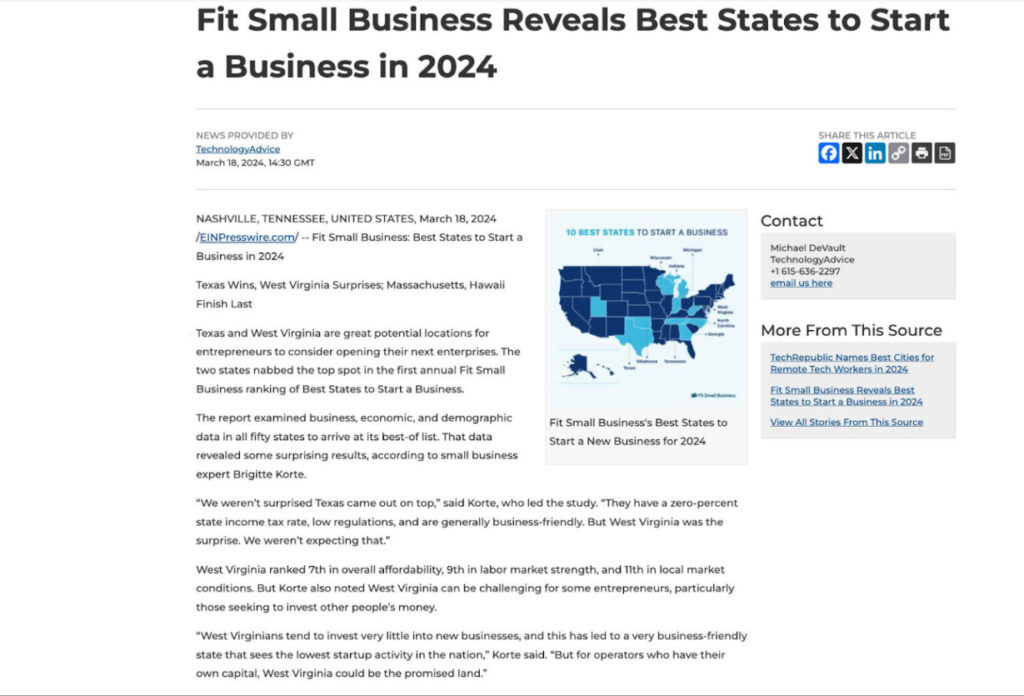 A press release from Fit Small Business about the best states to start a business in.