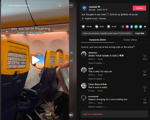 A screenshot of a TikTok from the airline RyanAir with an active comment section.