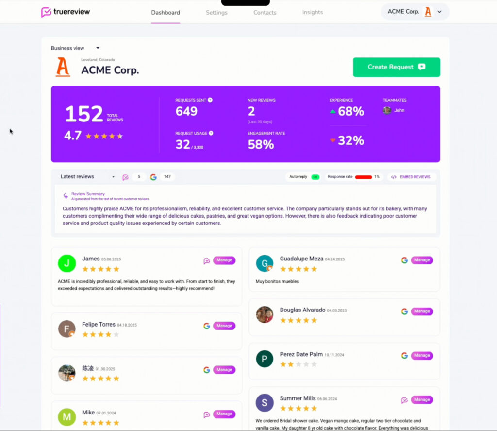 The TrueReview platform showing customer reviews from various sources.