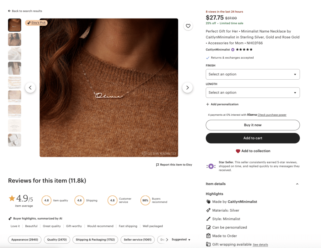 Personalized name necklace in sterling silver worn on a model, featuring a minimalist script design commonly sold on Etsy.