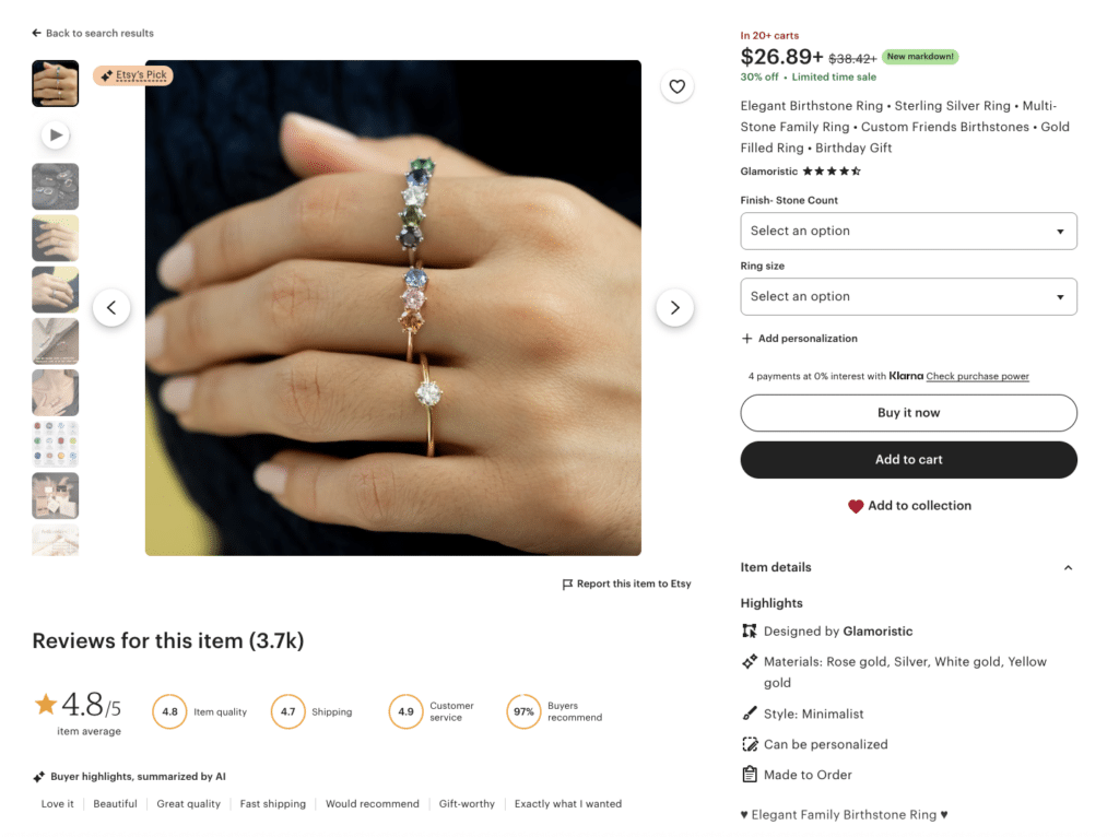 Multi-stone birthstone ring in mixed metals worn on a hand, showcasing customizable gemstone placement typical of Etsy best sellers.