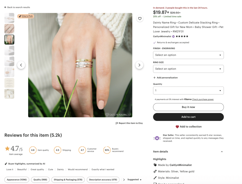 Engraved stacking rings with personalized names worn on a hand, representing custom engraved jewelry sold on Etsy.