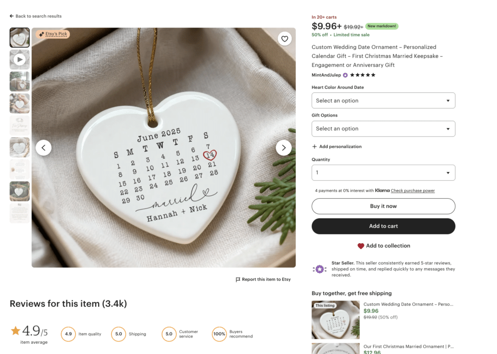 Heart-shaped personalized wedding date ornament featuring a custom calendar and couple’s names, a popular wedding keepsake sold on Etsy.