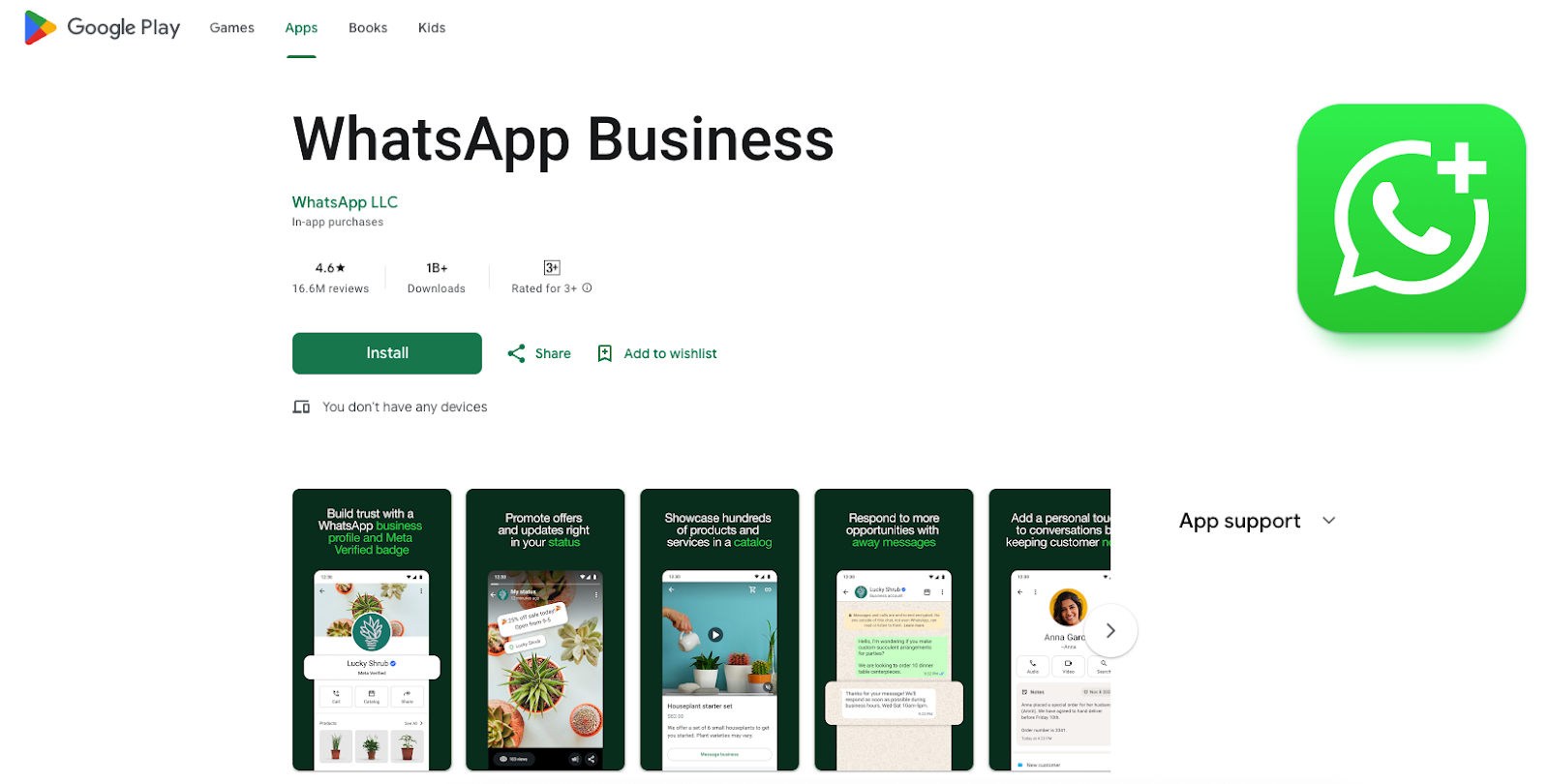 Google Play's page for downloading WhatsApp Business
