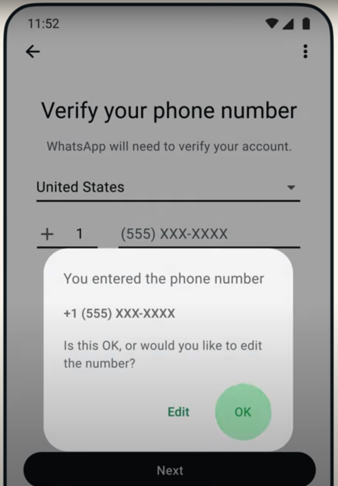 Sample number verification on WhatsApp.