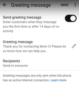 Greeting message menu from WhatsApp Business.
