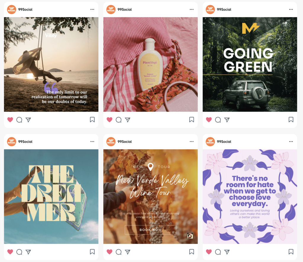 Sample social media images created by $99Social for different brands.