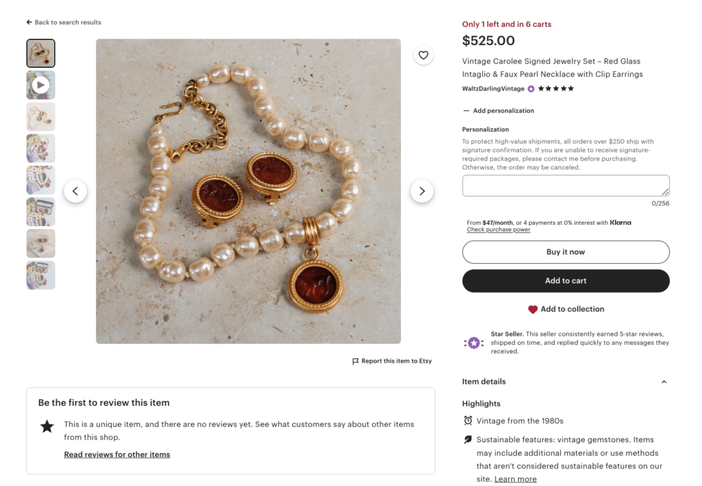 Vintage pearl necklace and matching earrings with red glass accents, representing collectible vintage jewelry sold on Etsy.