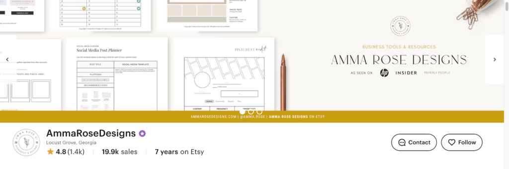 Amma Rose Designs Etsy shop banner highlighting digital planners and business templates, an example of a successful digital product seller on Etsy.