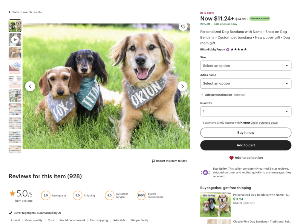 Three dogs sitting on grass wearing personalized snap-on dog bandanas with custom names printed in bold lettering.