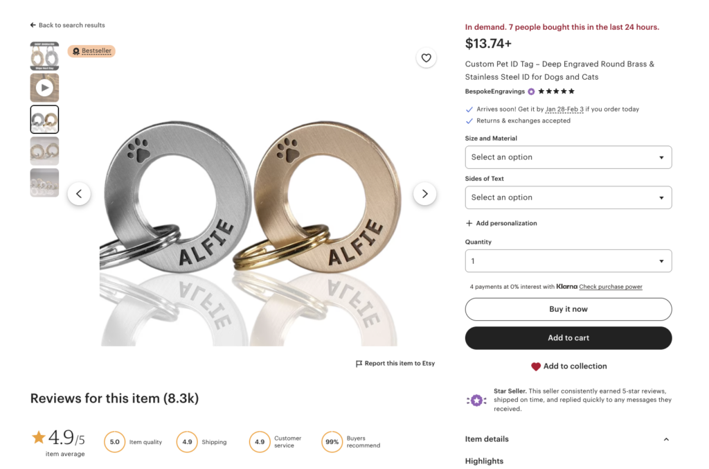 Custom round pet ID tags in stainless steel and brass with engraved pet name and paw print, shown in two finishes on a white background.