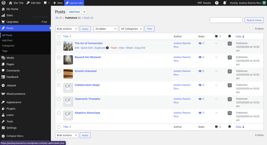 WordPress's dashboard with a list of blogs.