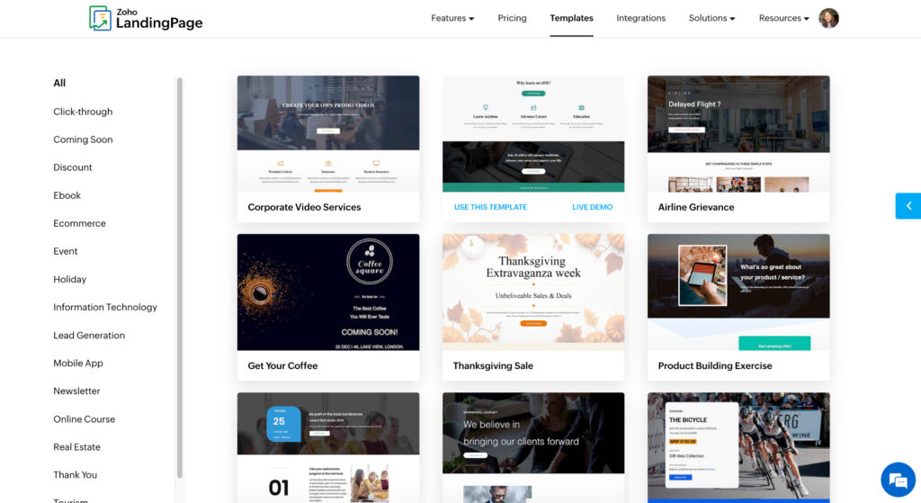 Various landing page templates in Zoho Landing Page.