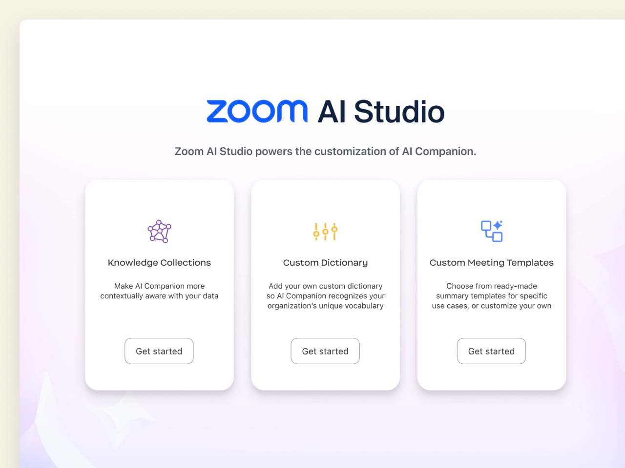 Zoom Ai Studio features include descriptions for knowledge collections, a custom dictionary, and meeting templates.