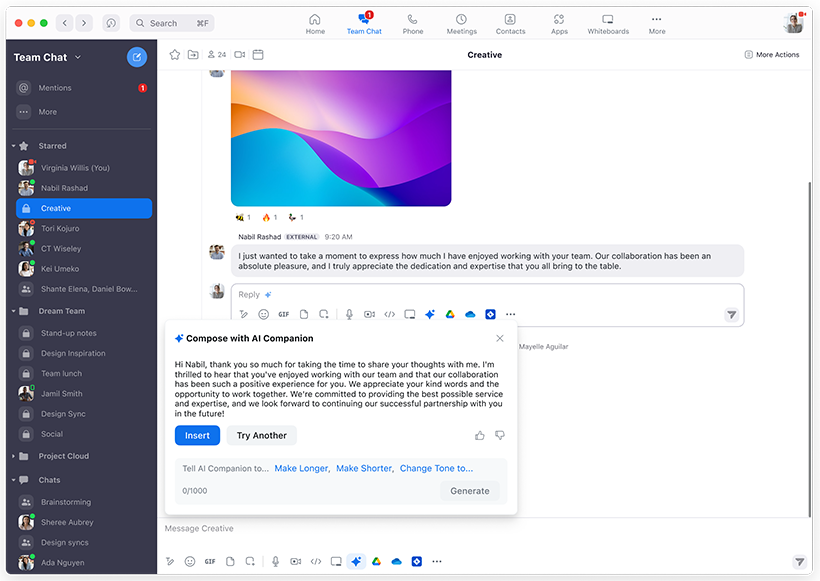 Zoom AI companion assisting in sending a message in the team chat.