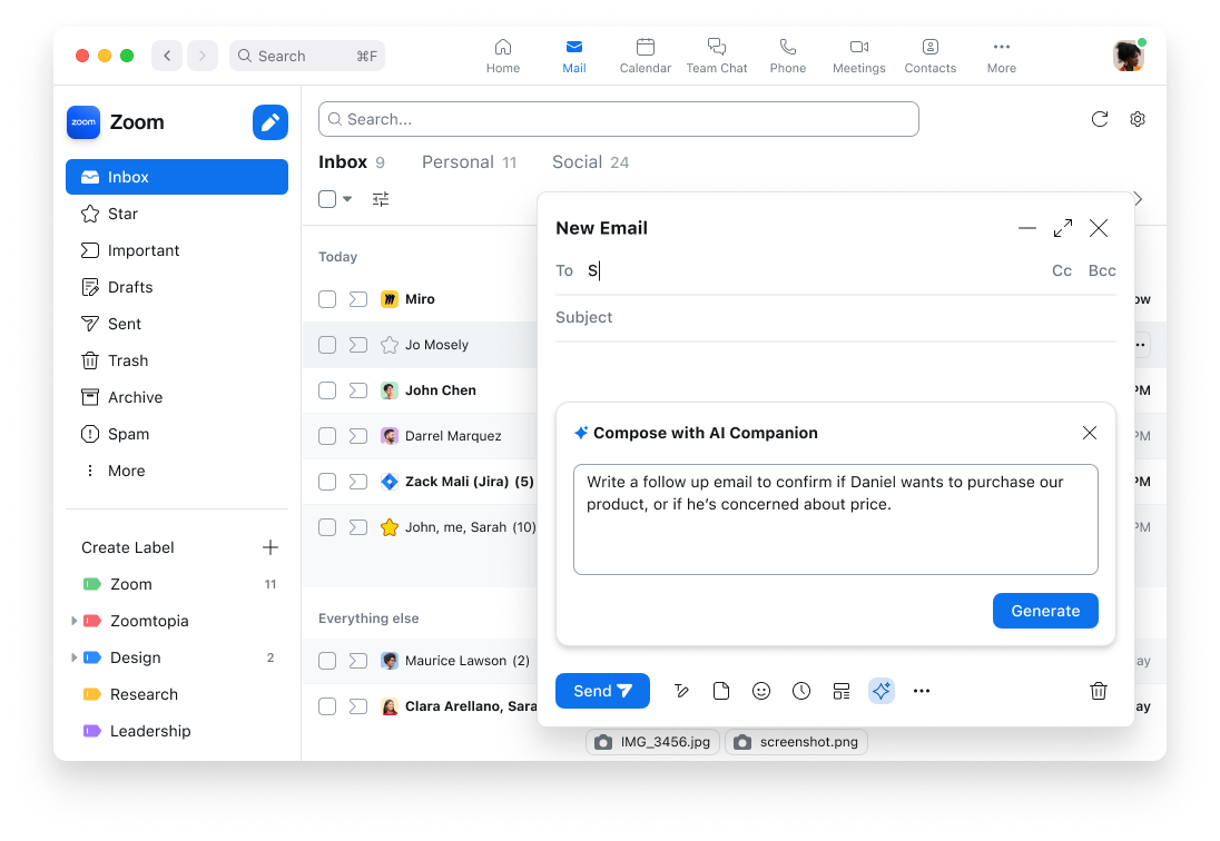 Zoom inbox with AI companion assisting in email composition.