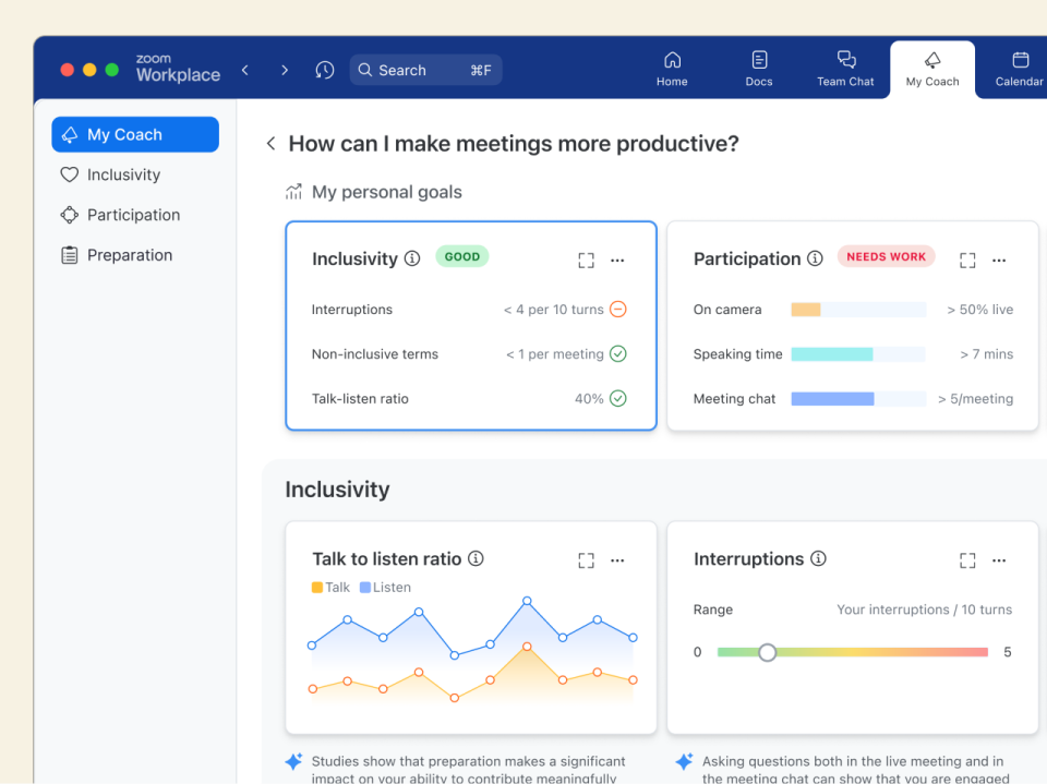 Zoom AI companion dashboard with meeting data visualizations and coaching.