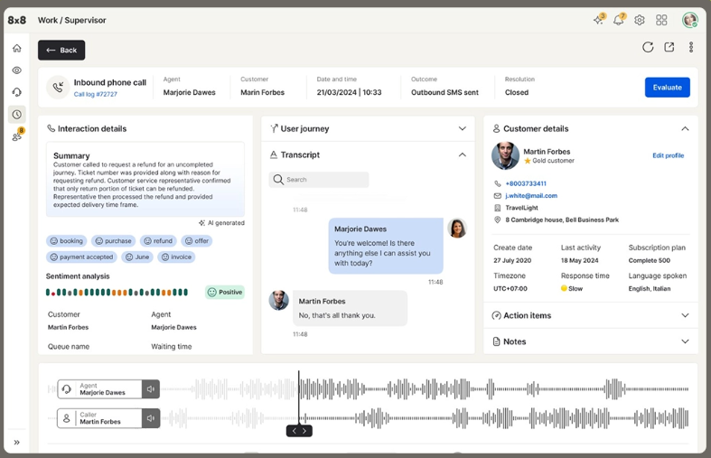 8x8 Work dashboard with customer assistant details and user journey.