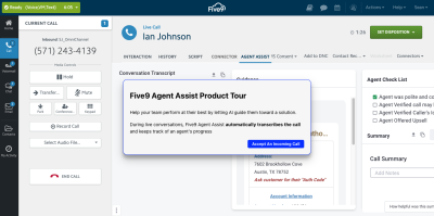 Five9 agent dashboard with introduction to a product tour.