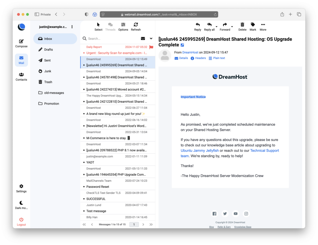 Dreamhost email inbox featuring a platform from update email from Dreamhost.