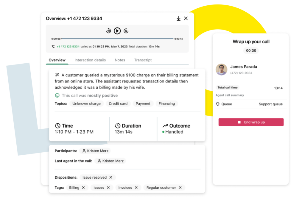 GoTo Connect agent dashboard featuring post-call work and AI summary.