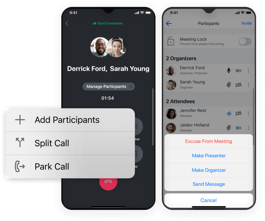 Two mobile phone screens with GoTo Connect conference calling options.