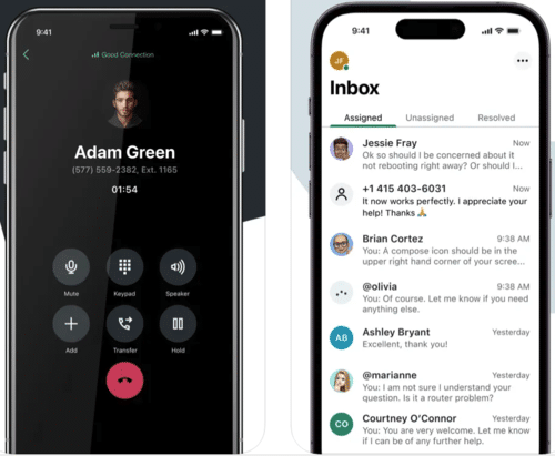 GoTo Connect iPhone app showing a live business call screen and a shared team inbox with message assignments and chat history.