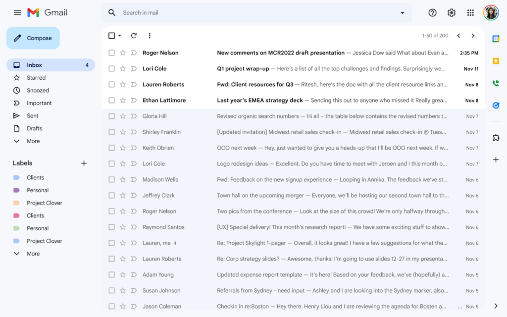 Gmail inbox with a list of emails on a light background.