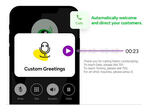 Grasshopper call menu with options for playing custom greetings and directing callers.