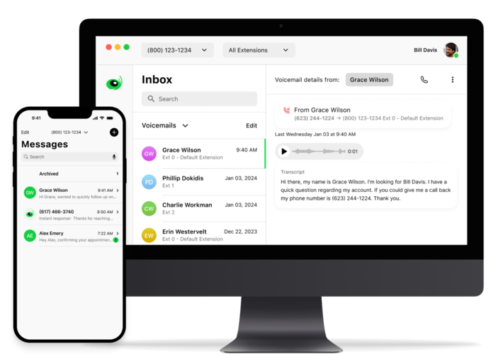 Grasshopper voicemail and messaging interface on mobile and desktop.