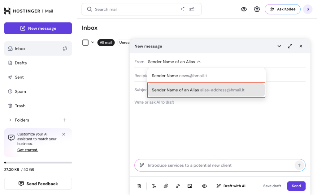 Hostinger email inbox featuring a message sent from an email alias.