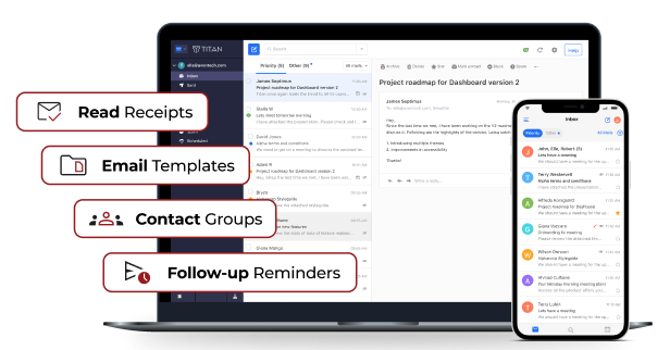 Laptop and mobile phone screen featuring the InMotion Hosting email inbox overlaid with a feature list.