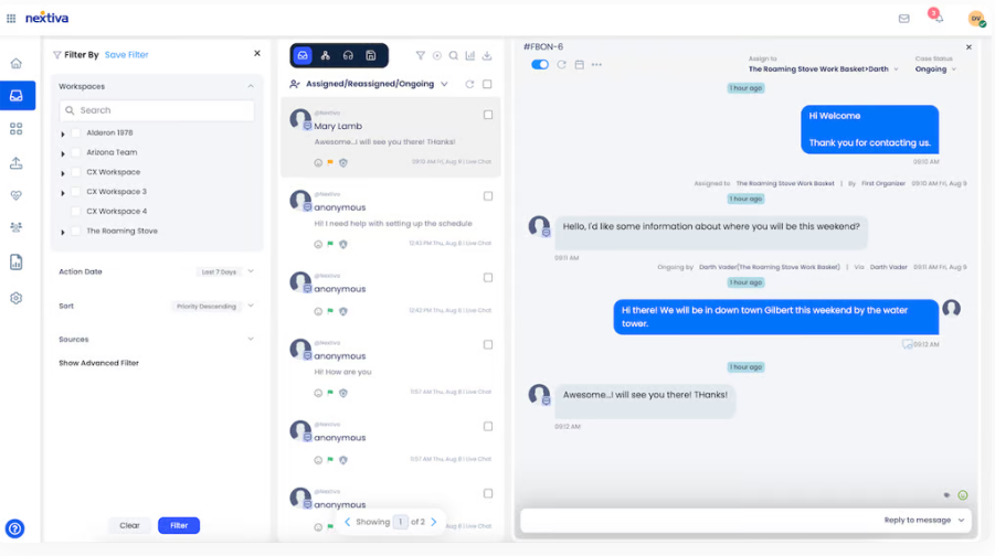 Nextiva dashboard with team conversation thread and collaborative workspaces.