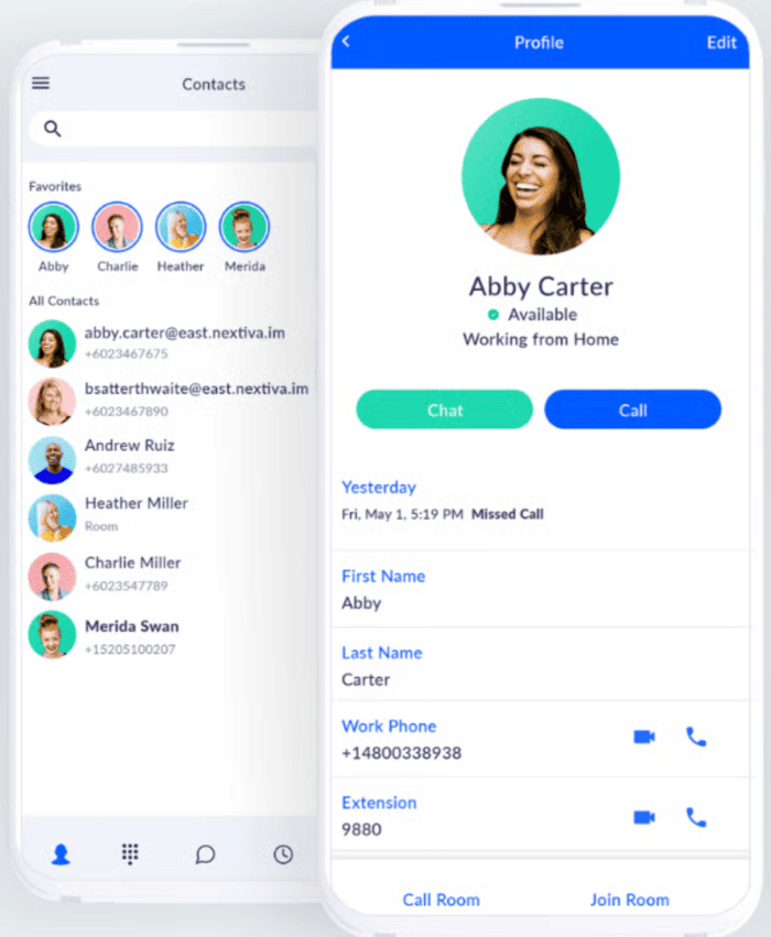 Nextiva VoIP app for iPhone showing user profiles, availability status, and full contact list with call and chat options.