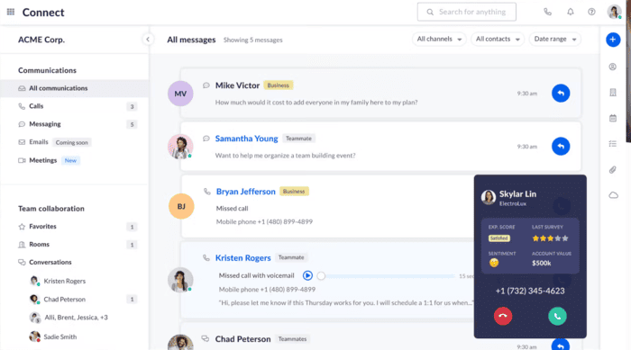 Nextiva Connect platform with multichannel communication view.